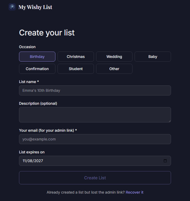 The My Wishy List create-a-list form, with occasion picker and list details