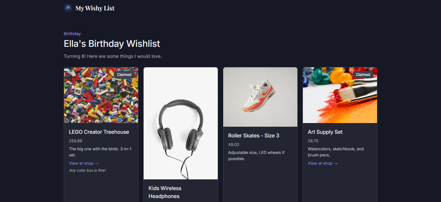 A published gift list on My Wishy List, showing gift cards with photos, prices, and claim buttons