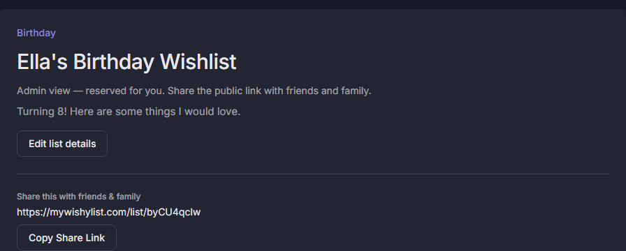 The admin dashboard showing a shareable list link with a copy button